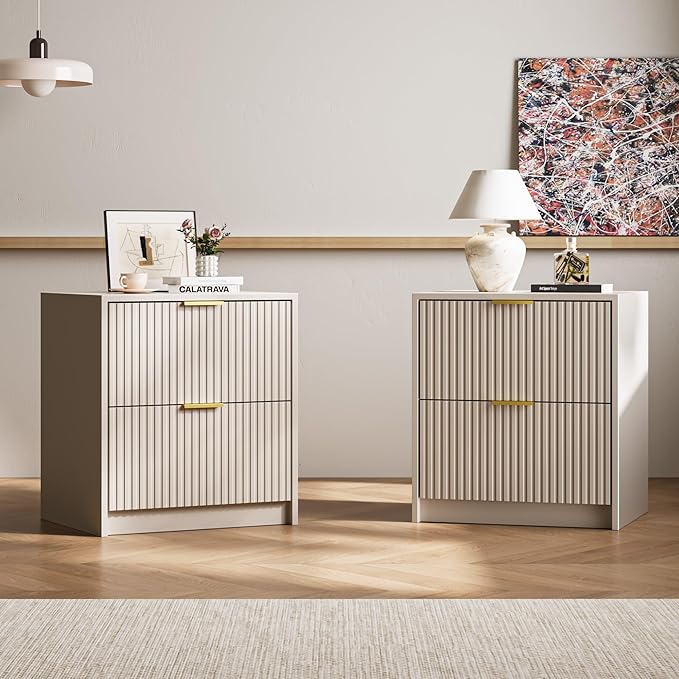 3-Piece Dresser Bedroom Set, 9 Drawer Dresser & 2 Drawer Nightstands with Gold Handles, Fluted Wood Chest of Drawers for Bedroom, Living Room, Entryway, Beige