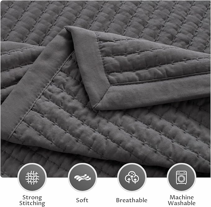 KASENTEX Oversized Queen Quilt Set 102"x106" – Soft Washed 3-Layer Lightweight Bedspread, Minimalist Nordic Design, All-Season Spring & Summer Quilt Set (1 Quilt + 2 Pillow Shams),Tornado Dark Grey