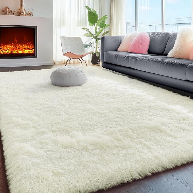 PAGISOFE Machine Washable Area Rugs for Living Room 6x9 Ft,Cream White Soft Fuzzy Shaggy Rugs for Bedroom, Office Ivory Nursery Carpet Boys Girls Dorm Pastel Rug for Kids Room Home Decor Aesthetic