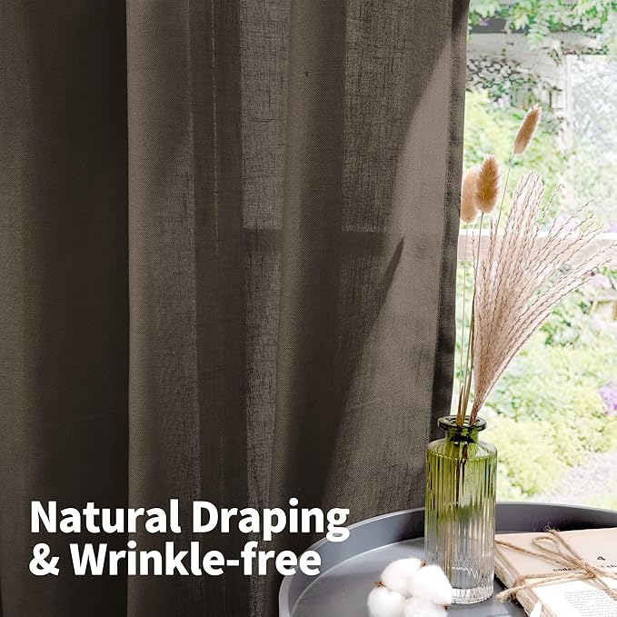 YoungsTex Brown Linen Semi Sheer Curtains 48 Inches Length, Light Filtering Small Window Drapes Privacy with Grommet for Living Room Bedroom, 2 Panels, 42 X 48 Inch