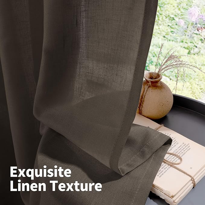 YoungsTex Brown Linen Semi Sheer Curtains 48 Inches Length, Light Filtering Small Window Drapes Privacy with Grommet for Living Room Bedroom, 2 Panels, 42 X 48 Inch