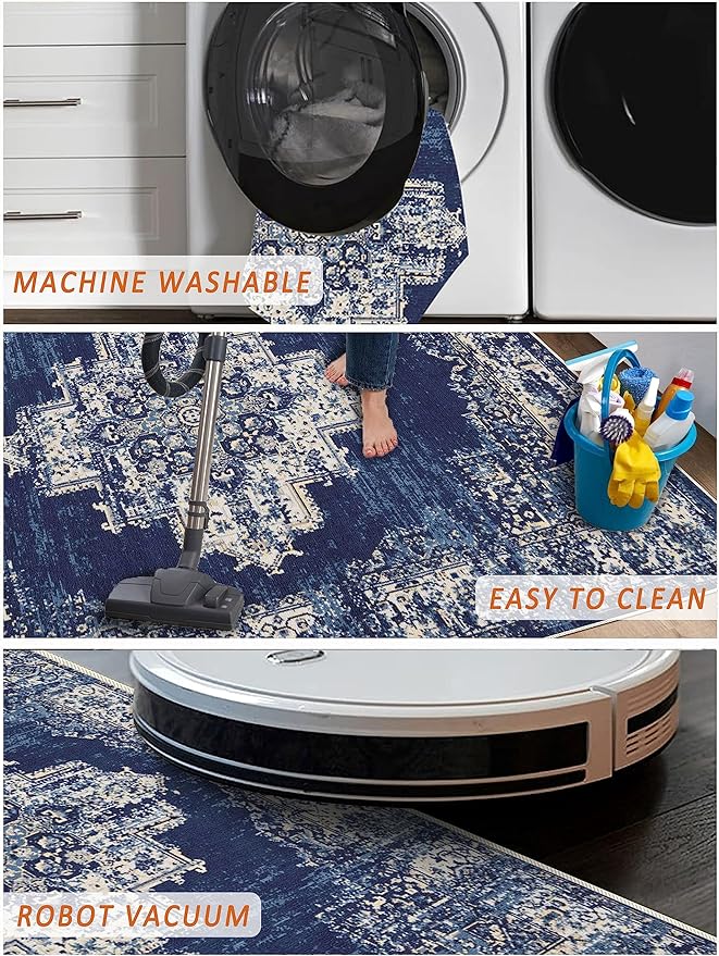 vivorug Runner Rug 2x10 Machine Washable Rug with Non-Slip Backing, Ideal for Kitchen Hallway Entryway Laundry Room - Vintage-Inspired, Durable, Easy Clean, Low Pile Carpet Runner, Navy Blue