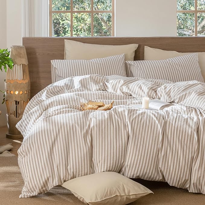 MooMee Striped Duvet Cover Set 100% Washed Cotton Linen Like Textured Breathable Durable Soft Comfy (Tannish Linen Grey White Classic Stripes, King 104"x90")