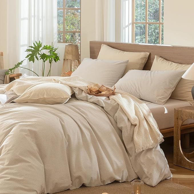 MooMee Striped Duvet Cover Set 100% Washed Cotton Linen Like Textured Breathable Durable Soft Comfy (Tannish Linen Grey White Pinstripes, Alaska King 132"x120")
