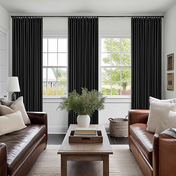 Black Pinch Pleated Blackout Linen Curtains 86 Inches Long for Bedroom Pleated 100% Black Out Drape with Liner Modern Farmhouse Midnight Extra Long 86 Inch Window Curtain Panel for Living Dining Room