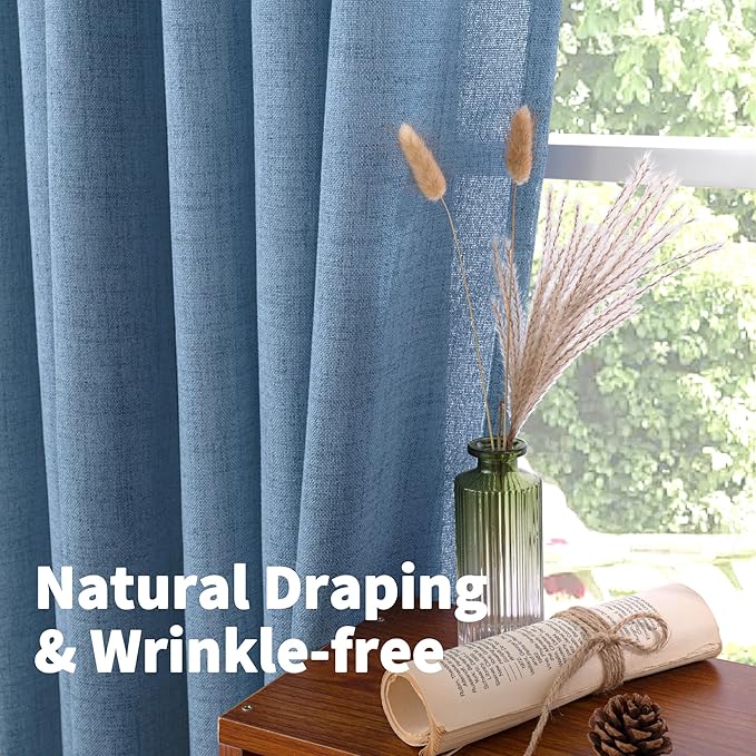 YoungsTex Extro Long Linen Curtains 102 Inch Length for Living Room, Light Filtering Semi Sheer Drapes with Bronze Grommet Privacy for Dining Bedroom Window, Denim Blue, 52 x 102 Inch, 2 Panels