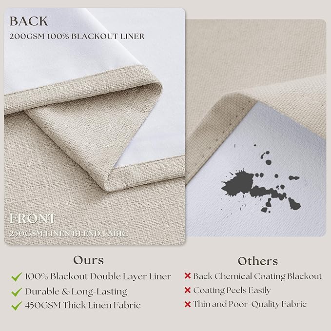 Extra Wide Blackout Curtains 70 x 108 Inches Long for Bedroom Living Room Neutral Farmhouse Pinch Pleated Double Layer Thick Linen Drapes Thermal Insulated with Back Tab for Large Windows 1 Panel