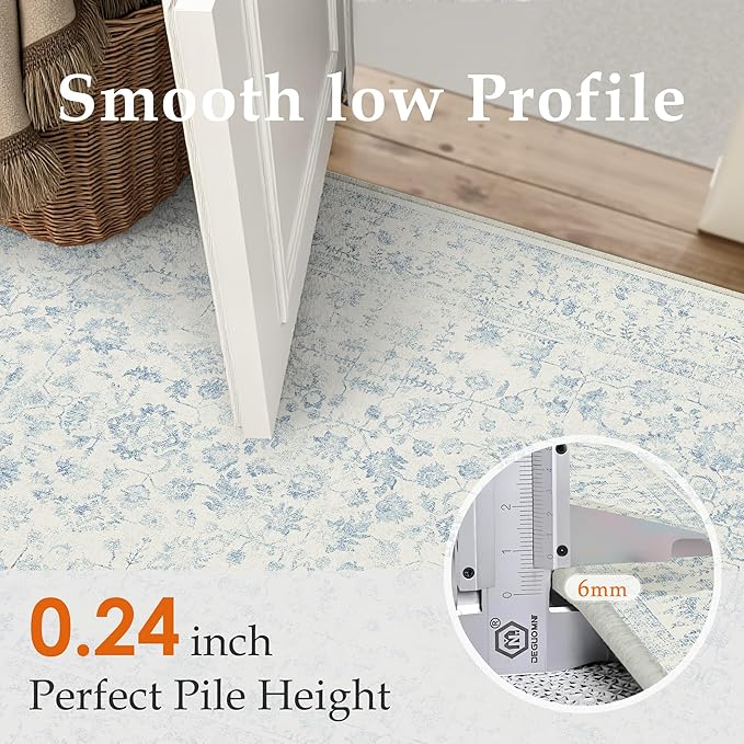 2x10 Blue Runner Rug Hallway Non Slip Kitchen Vintage Distressed Long Carpet Indoor Machine Washable Retro Floral Bedroom Accent Throw Rug for Office Laundry Bathroom Dining Living Room
