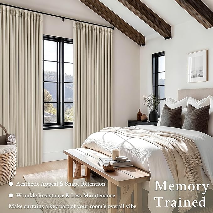 Linen Pinch Pleated Blackout Curtains 96 Inches Long 2 Panels Set for Dining Living Room Darkening Neutral Memory Shape Pinch Pleat Black Out Thermal Insulated Curtain Drapes with Liner Oatmeal Beige
