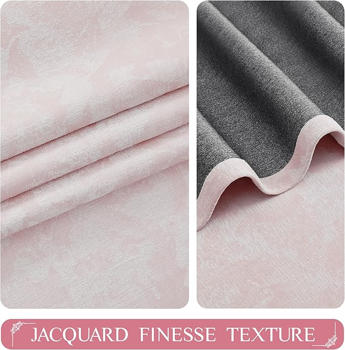 Beauoop Pink Floral Jacquard Blackout Curtains 96 Inches Long 2 Panels for Girls Bedroom Living Room Chenille Flower Room Darkening Thermal Insulated Soundproof Rod Pocket Back Tab Window Drapes 52x96