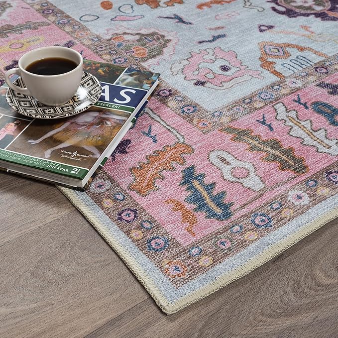 Fame Rugs Pink Beige Modern Oushak Rug 5x7, Washable Vintage Turkish Colorful Oriental Antique Inspired Area Rugs, Luxury Living Room Bedroom (390PP, 5' x 7')