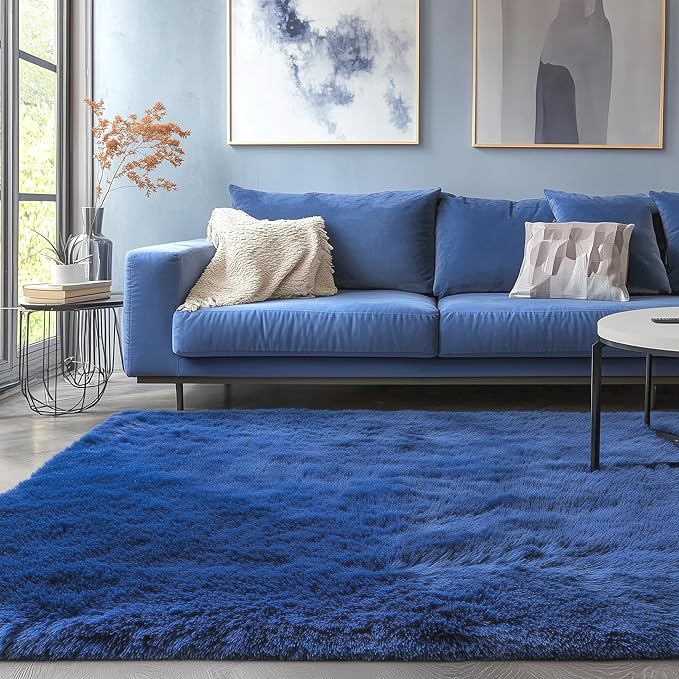 PAGISOFE Navy Blue Rug 5x8 Ft Fluffy Shag Rugs for Living Room Soft Shaggy Machine Washable Large Rugs for Kids Room Carpet Nursery Floor Boys Room Dorm Rug Kid Playroom Navy Area Rug Teen Home Decor