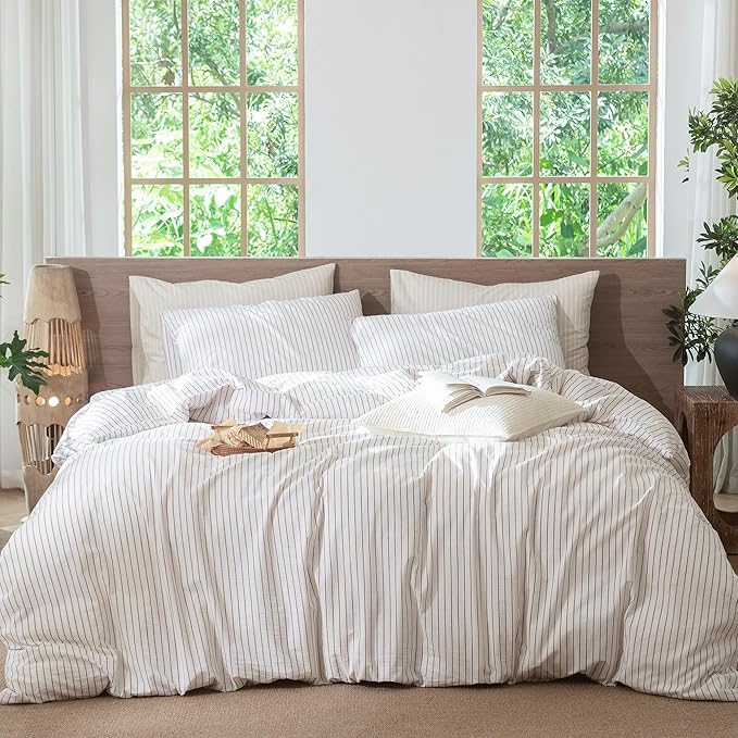 MooMee Striped Duvet Cover Set 100% Washed Cotton Linen Like Textured Breathable Durable Soft Comfy (White Orange Wide Stripes, King 104"x90")