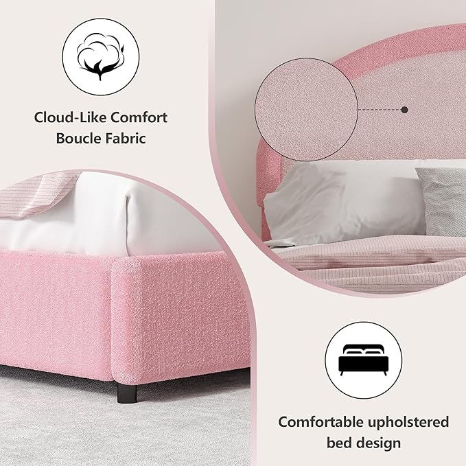 Queen Bed Frame, Boucle Upholstered Platform Bed Frame with Headboard, Pink Bed Frame, Soft Rounded Corners, No Box Spring Required, Easy Assembly