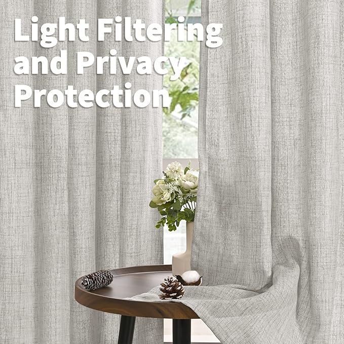 YoungsTex Light Grey Linen Semi Sheer Curtains 63 Inches Long for Bedroom 2 Panels - Textured Light Filtering Window Drapes with Bronze Grommet Privacy for Living Room, 2 Panels, 52 X 63 Inch