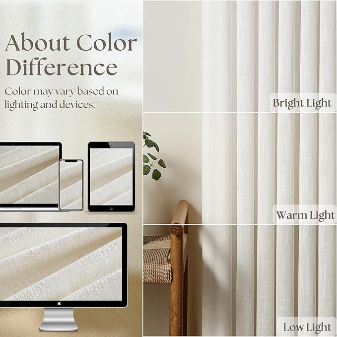 Neutral Pinch Pleated 86 Inch Curtains Semi Sheer Linen Blended Light Filtering Window Curtains 86 Inches Long for Living Room Bedroom Boho Cream Birch Pinch Pleat Drapes Rings Hooks 2 Panels Set