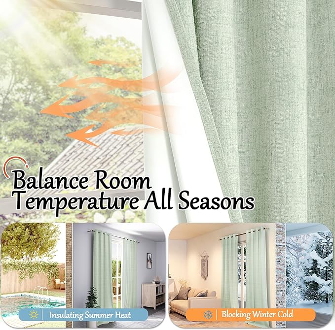 Sage Green Blackout Curtains for Bedroom - Linen Curtains 95 Inch Length Thermal Insulated Privacy Burlap Boho Window Drapes for Living Room Scandi Farmhouse Dining, 2 Panels, Each 52" Wide