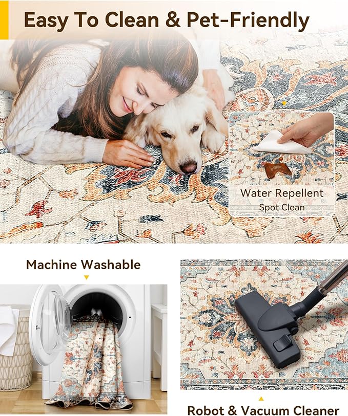Area Rugs 3'x8' Washable Non-Slip, Floral Vintage Distress Print Pattern Medallion Carpet for Living Room Bedroom Dining Room, Beige Navy Blue Orange Colorful