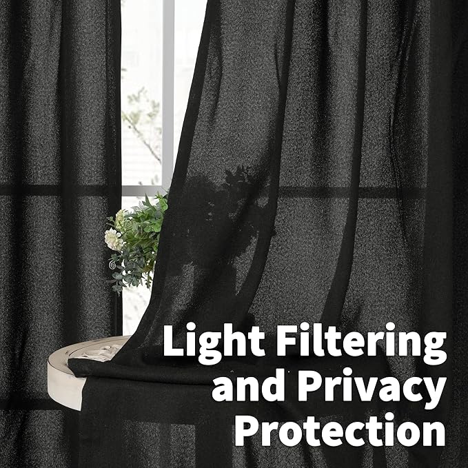 YoungsTex Short Linen Curtains 45 Inches Length, Light Filtering Burlap Textured Small Window Drapes with Bronze Grommet Privacy for Kitchen Bedroom Living Room, Black, 42 x 45 Inch, 2 Panels