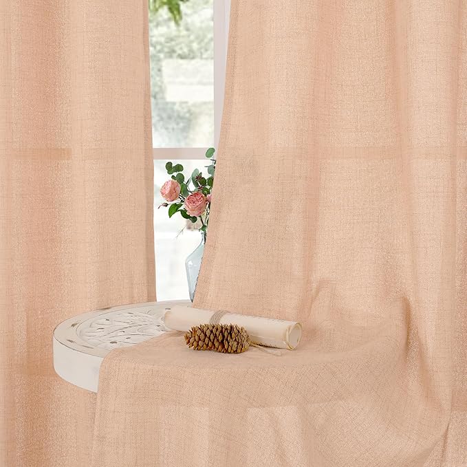 YoungsTex Peach Linen Curtains 63 Inches Length for Living Room - Textured Coral Semi Sheer Drapes with Bronze Grommet Light Filtering for Bedroom Kitchen Office Lightweight, 52 x 63 Inch, 2 Panels