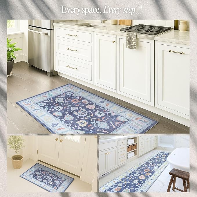 Fame Rugs Navy Blue Modern Oushak Rug 2'6"x10, Vintage Turkish Colorful Oriental Antique Inspired Foldable Long Washable Runner Rugs, Luxury Living Room Bedroom (388NB, 2'6" x 10')