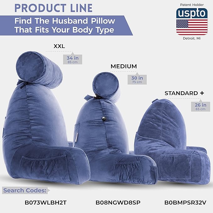 Husband Pillow Medium Dark Blue, Backrest for Kids, Teens, Petite Adults - Reading Pillows with Arms, Adjustable Loft, Plush Memory Foam, Bed Rest Chair Sitting Up, Detach Neck Roll, Removable Cover