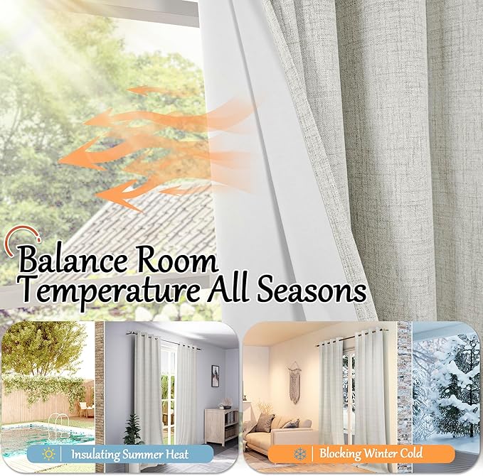 100% Blackout Curtains for Living Room 72 Inch Length 2 Panels Set, Thermal Insulated Light Blocking Boho Faux Linen Window Curtains for Bedroom, Bronze Grommet, Each 52" Wide, Light Grey