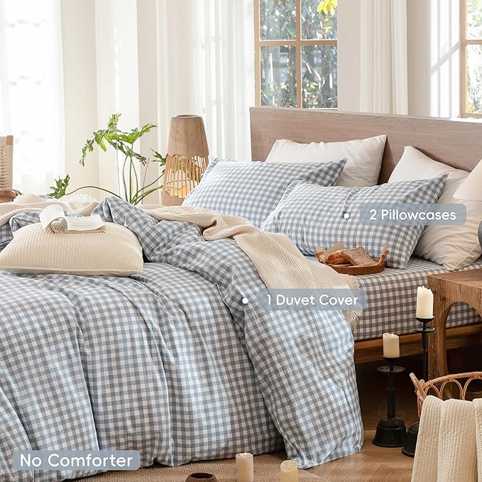 MooMee Gingham Duvet Cover Set 100% Washed Cotton Linen Like Textured Breathable Durable Soft Comfy Modern Checkered Design (Classic Gingham Cornflower Blue, Super Queen 90"x98")