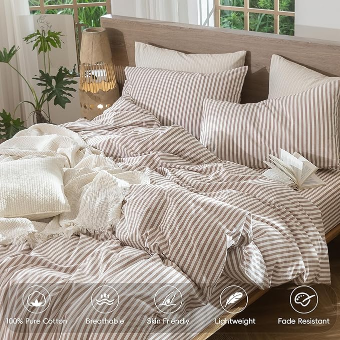 MooMee Striped Duvet Cover Set 100% Washed Cotton Linen Like Textured Breathable Durable Soft Comfy (Orange Classic Stripes, Queen 90"x90")