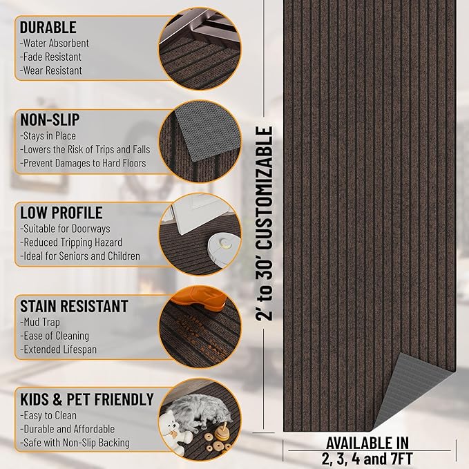 Ottomanson 2'7" x 36' Hallway Runner with Scraper Pile - Extra Durable Non-Slip Rug Mat for Indoor & Outdoor Use - Ideal for Kitchen, Entryway & Garage - High-Traffic Carpet, Brown