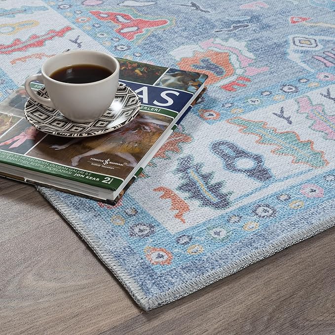 Fame Rugs Blue Modern Oushak Rug 6x9, Vintage Turkish Colorful Oriental Antique Inspired Washable Large Area Rugs, Luxury Living Room Bedroom (381LB, 6' x 9')
