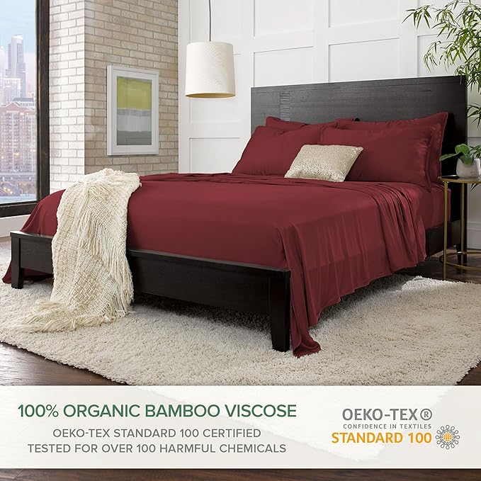 Pure Bamboo Split King Sheets, Genuine 100% Organic Viscose Derived from Bamboo Bed Sheet Set, Soft & Cooling, Double Stitching, 2 Fitted Sheets (Split King, Merlot)