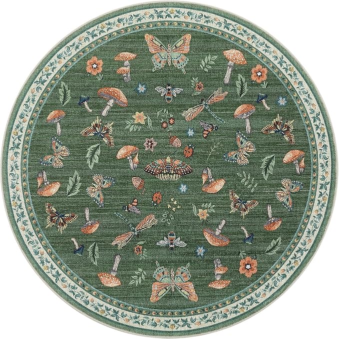 Mushroom Insect 3ft Round Rug Washable Non-Slip Soft Ultra-Thin Small Boho Circle Carpet for Entryway Kitchen Bedroom Nursery Dining Room Green
