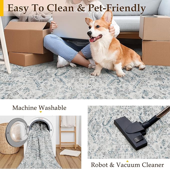 Blue 2x3 Entryway Rug Vintage Area Carpet Indoor Kitchen Washable Door Mat Entrance Small Low Pile Traditional Distressed Retro Accent Throw Rug Non Slip Office Bathroom