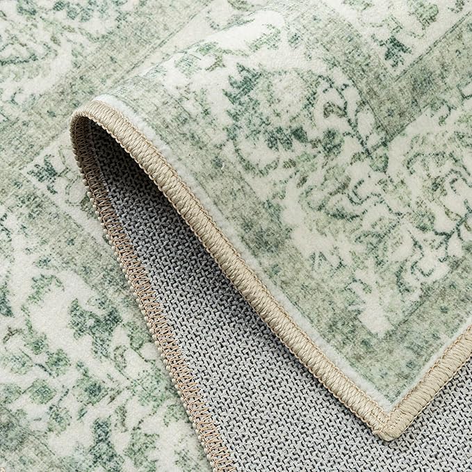 Sage Green Area Rug 9x12 Living Room Washable Carpet Vintage Distressed Non Slip Bedroom Carpet Neutral Low Pile Retro Floral Farmhouse Large Rug Home Office Dining Room Playroom