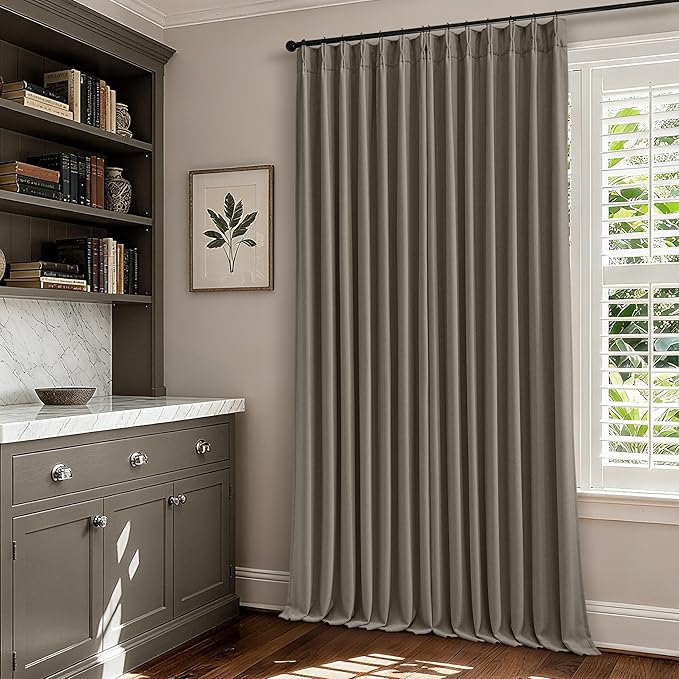 Flax Taupe Pinch Pleated Blackout Curtains 102 Inches Long for Bedroom 100% Black Out Thick Linen Dual Layer Pleated Drapes Farmhouse Country Brownish Gray 102 Inch Curtain for Dining Living Room