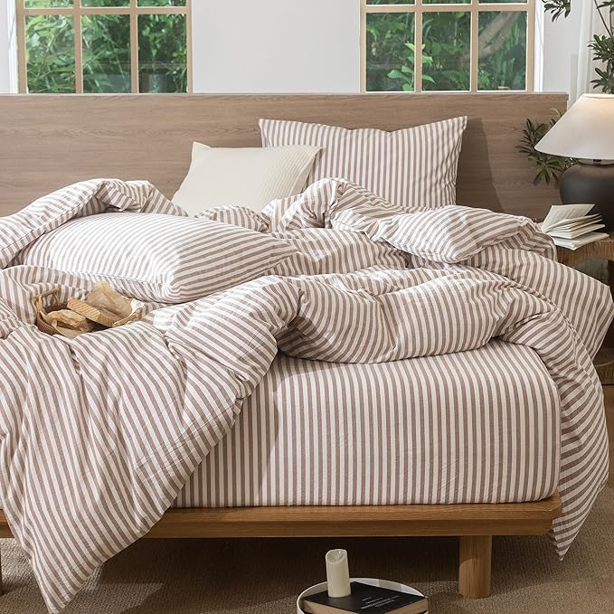 MooMee Striped Duvet Cover Set 100% Washed Cotton Linen Like Textured Breathable Durable Soft Comfy (Orange Classic Stripes, Super King 108"x98")