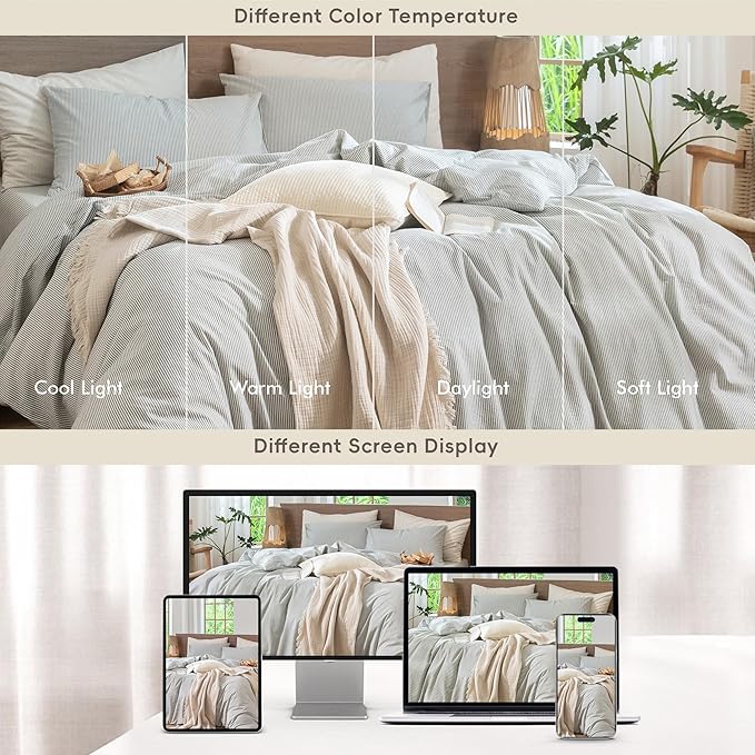 MooMee Striped Duvet Cover Set 100% Washed Cotton Linen Like Textured Breathable Durable Soft Comfy (Heathered Green Pinstripes, King 104"x90")