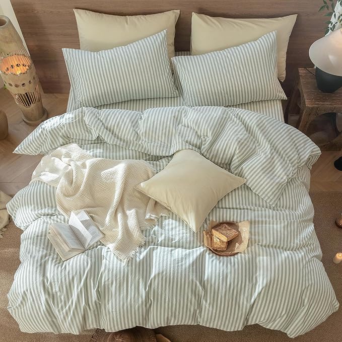 MooMee Striped Duvet Cover Set 100% Washed Cotton Linen Like Textured Breathable Durable Soft Comfy (Sage Green White Classic Stripes, Super Queen 90"x98")
