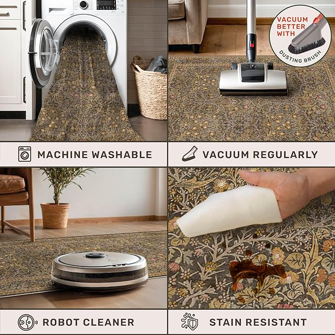 Gold Brown 2x6 Bathroom Runners Non Slip Washable, Low-Pile Runner Rugs for Kitchen, Entryway, Hallway, Laundry Room, Bedroom Bedside, Vintage Floral Stain Resistant Soft Carpet