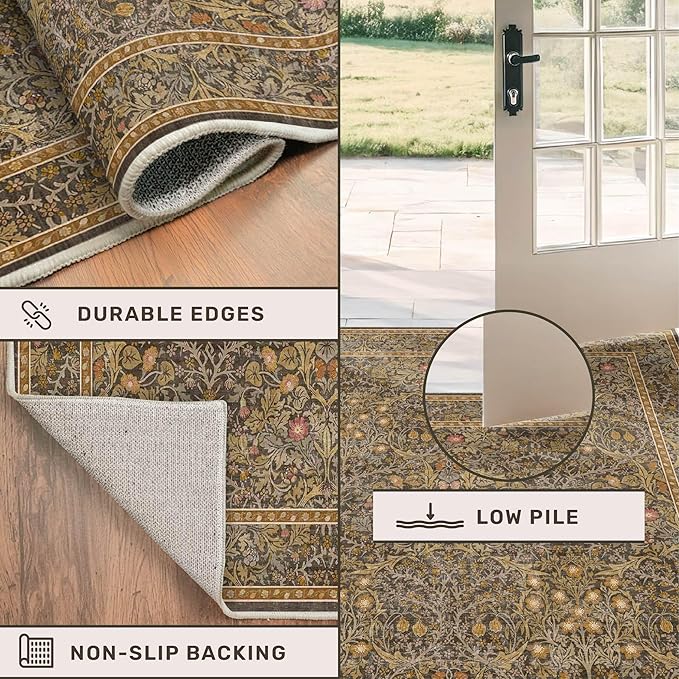 Vintage Floral Brown 3x5 Area Rugs for Entryway, Kitchen, Bathroom, Bedroom Beside Rug, Laundry Room, Non-Slip Low Pile Ultra Soft Stain Resistant Small Gold and Taupe Carpet