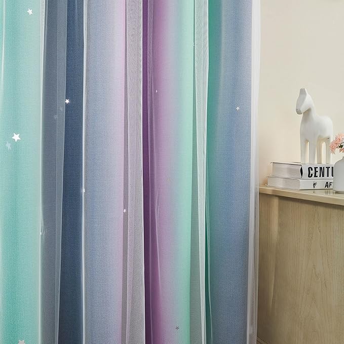 XiDi Curtains for Bedroom Decor, Rainbow Purplgreen grey52/45