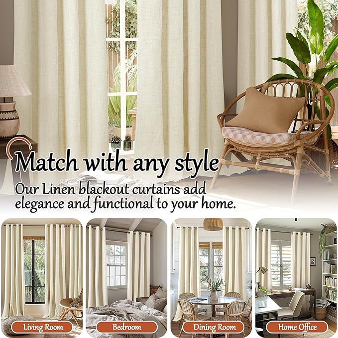 Linen Blackout Curtains 54 Inch Length 2 Panels for Bedroom, Thermal Insulated Total Light Blocking Noise Reducing Window Curtains for Farmhouse, Bronze Grommet, Cream, Each 52" Wide