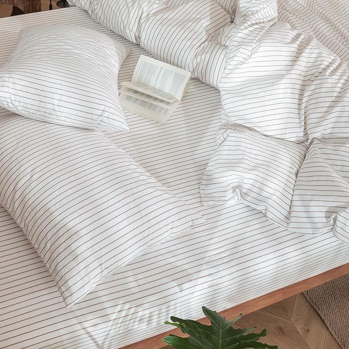 MooMee Striped Duvet Cover Set 100% Washed Cotton Linen Like Textured Breathable Durable Soft Comfy (White Orange Wide Stripes, Twin 68"x90")