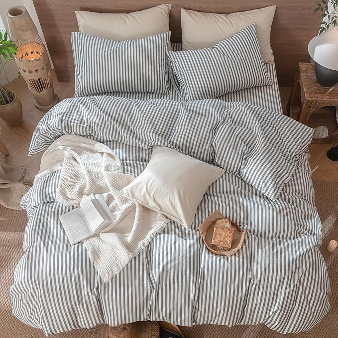 MooMee Striped Duvet Cover Set 100% Washed Cotton Linen Like Textured Breathable Durable Soft Comfy (Dark Grey White Classic Stripes, Twin 68"x90")
