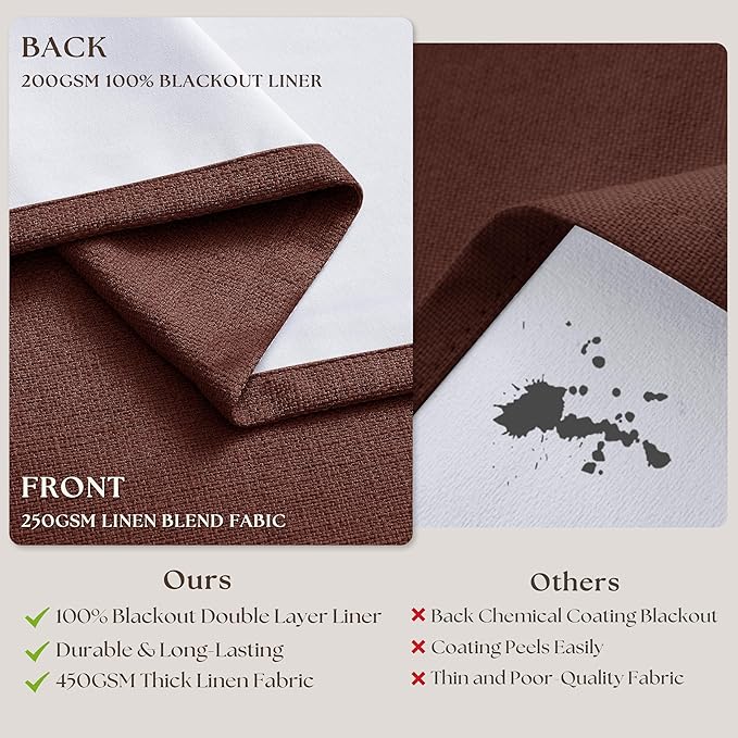 Chestnut Brown 100 Inch Floor Length Linen Blackout Curtains for Bedroom Pinch Pleated Black Out Thermal Insulated Window Drapes Light Blocking Double Layer Soundproof 100 Inch Curtain 2 Panels