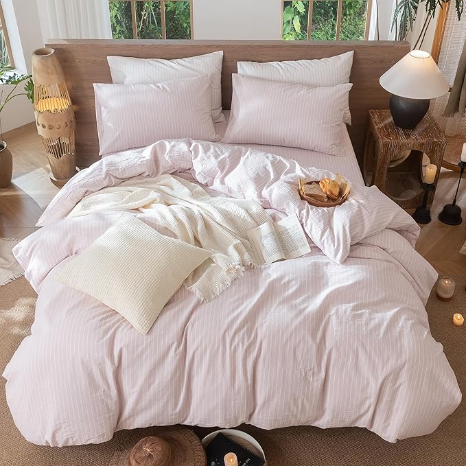 MooMee Striped Duvet Cover Set 100% Washed Cotton Linen Like Textured Breathable Durable Soft Comfy (Heathered Greyish Pink White Wide Stripes, Full 80"x90")