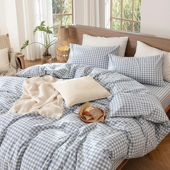 MooMee Gingham Duvet Cover Set 100% Washed Cotton Linen Like Textured Breathable Durable Soft Comfy Modern Checkered Design (Classic Gingham Cornflower Blue, Full 80"x90")
