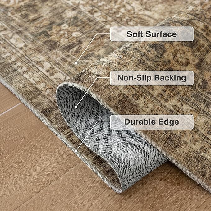 FMFUNCTEX 10x12 Washable Area Rug Brown Vintage Neutral Distressed Large Non Slip Carpet for Living Room Bedroom Soft Low Pile Indoor Mat Retro Floral Throw Rug for Dining Room Kitchen Office Nursery