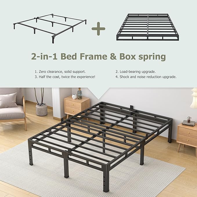 NKZ Queen Size Bed Frame 16 Inch, Metal Bed Frame & Box Spring 2 in 1 Platform with Round Corner Legs, 4000lbs Weight Capacity Reinforced Metal Frame, Headboard Hole, Noise-Free, Easy Assembly